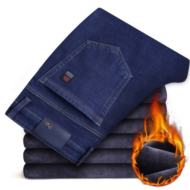 2020 winter new men&#39;s black/blue warm thick slim-fit jeans business fashion casual denim trousers fleece stretch brand trousers
