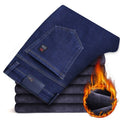winter new men's black/blue warm thick slim-fit jeans business fashion casual denim trousers fleece stretch brand trousers