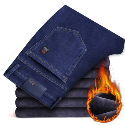 winter new men's black/blue warm thick slim-fit jeans business fashion casual denim trousers fleece stretch brand trousers