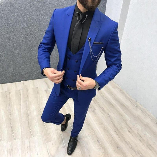2020 Three Piece Royal Blue Men Suits Peaked Lapel Custom Made Wedding Tuxedos Slim Fit Male Suits (Jacket + Pants + Vest+Tie)