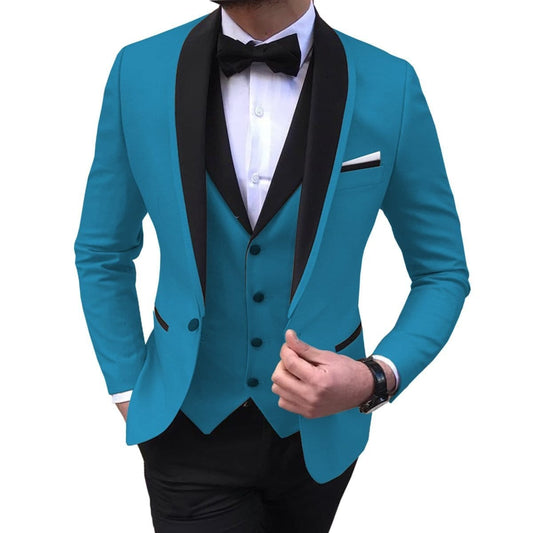 Blue Slit Mens Suits 3 Piece Black Shawl Lapel Casual Tuxedos for Wedding Groomsmen Suits Men 2020 (Blazer+Vest+Pant)