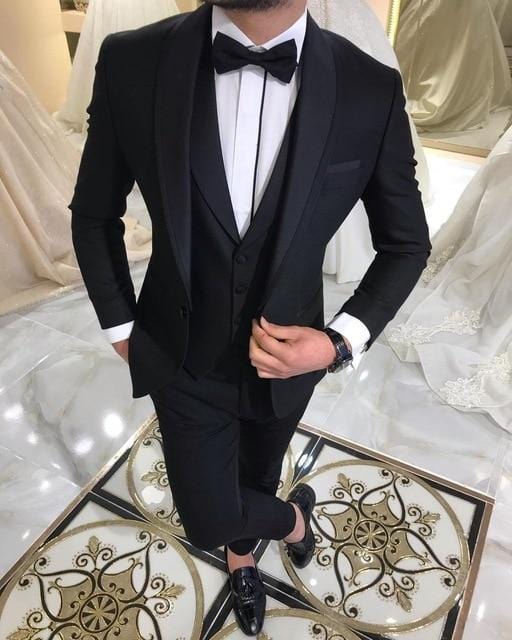 Blue Slit Mens Suits 3 Piece Black Shawl Lapel Casual Tuxedos for Wedding Groomsmen Suits Men 2020 (Blazer+Vest+Pant)