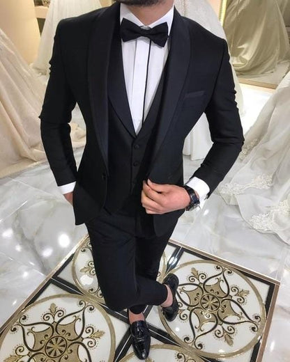 Blue Slit Mens Suits 3 Piece Black Shawl Lapel Casual Tuxedos for Wedding Groomsmen Suits Men 2020 (Blazer+Vest+Pant)
