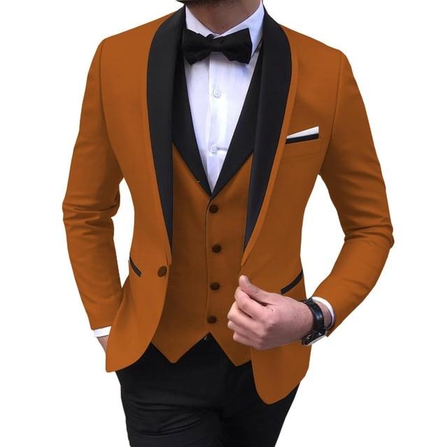 Blue Slit Mens Suits 3 Piece Black Shawl Lapel Casual Tuxedos for Wedding Groomsmen Suits Men 2020 (Blazer+Vest+Pant)