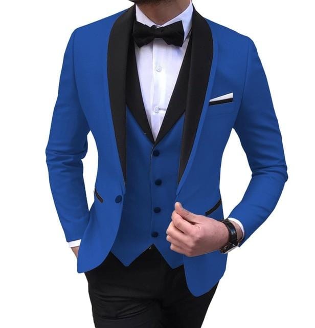 Blue Slit Mens Suits 3 Piece Black Shawl Lapel Casual Tuxedos for Wedding Groomsmen Suits Men 2020 (Blazer+Vest+Pant)