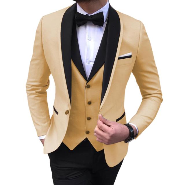 Blue Slit Mens Suits 3 Piece Black Shawl Lapel Casual Tuxedos for Wedding Groomsmen Suits Men 2020 (Blazer+Vest+Pant)