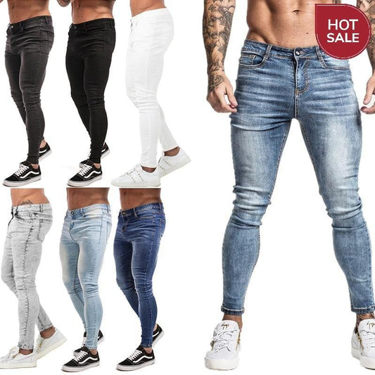 GINGTTO Jeans Men Elastic Waist Skinny Jeans Men 2020 Stretch Ripped Pants Streetwear Mens Denim Jeans Blue