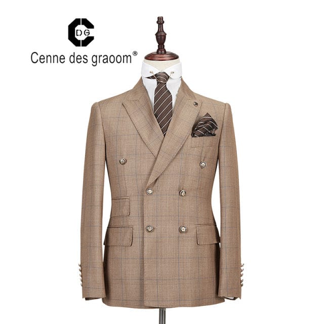 Cenne Des Graoom New Men Suit Plaid Double Breasted Two Pieces Slim Fit High Quality Wedding Party Singer Costume DG-188