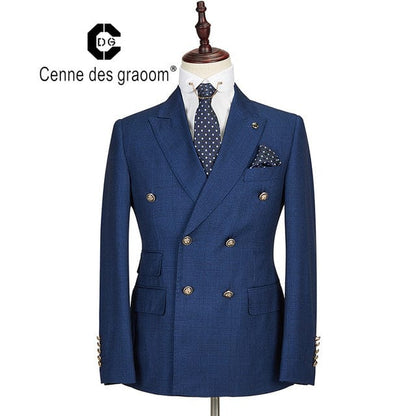 Cenne Des Graoom New Men Suit Plaid Double Breasted Two Pieces Slim Fit High Quality Wedding Party Singer Costume DG-188