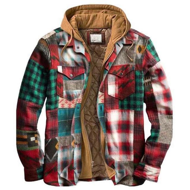 Mens Autumn Winter Jacket Harajuku Plaid Hooded Zipper Long Sleeve Basic Casual Shirt Jackets European American Size S-5XL