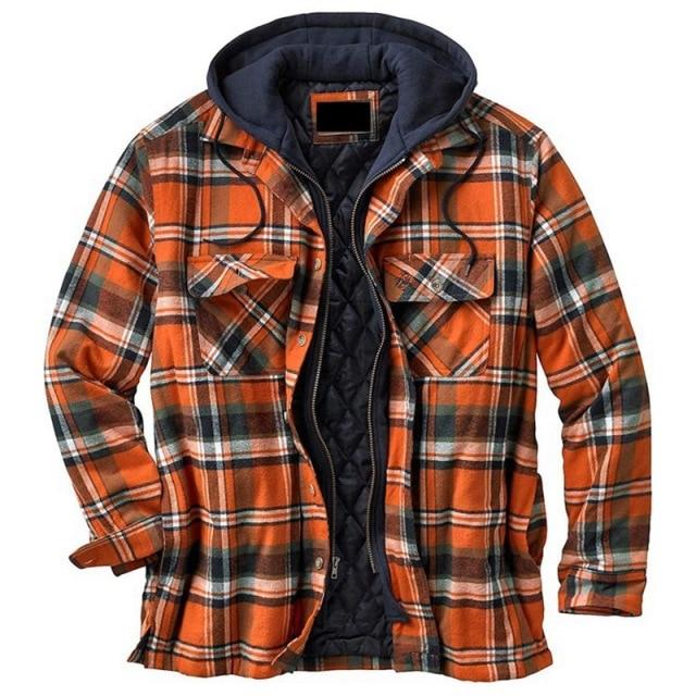 Mens Autumn Winter Jacket Harajuku Plaid Hooded Zipper Long Sleeve Basic Casual Shirt Jackets European American Size S-5XL