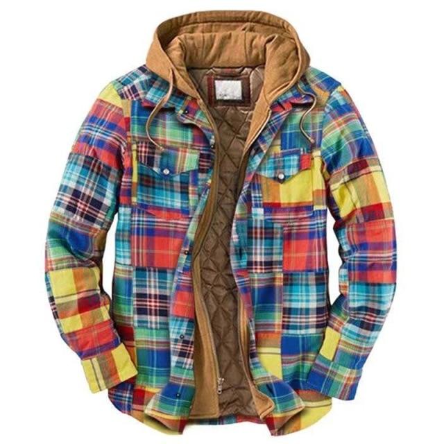 Mens Autumn Winter Jacket Harajuku Plaid Hooded Zipper Long Sleeve Basic Casual Shirt Jackets European American Size S-5XL