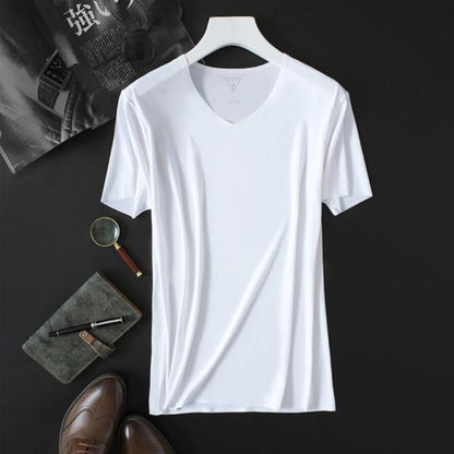 2020 Men's Thin Non-Marking Slim V-Neck Bottoming Fashion Men's Short-Sleeved Ice Silk Summer Solid Color T-Shirt