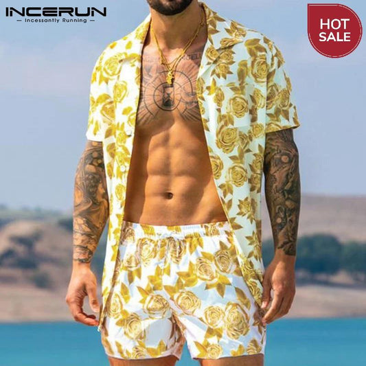 Men Hawaiian Sets Printing 2021 Summer Short Sleeve Button Shirt Beach Shorts Streetwear Casual Mens Suit 2 Pieces S-3XL INCERUN