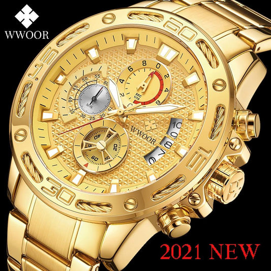 WWOOR 2021 New Men Watches Top Brand Luxury Gold Stainless Steel Quartz Watch Men Waterproof Sport Chronograph