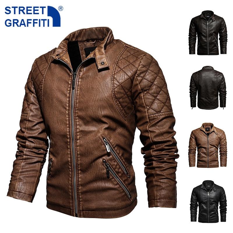 2021 Mens Motorcycle Jacket Autumn Winter Men PU Leather Jackets Casual Embroidery Biker Coat Zipper Fleece Jacket