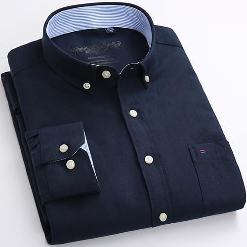 Men's Long Sleeve Oxford Plaid Striped Casual Shirt Front Patch Chest Pocket Regular-fit Button-down Collar Thick Work Shirts