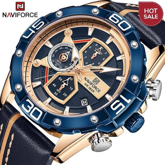 NAVIFORCE Sport Watches for Men Luxury Brand Blue Military Genuine Leather Wrist Watch Man Clock Fashion Chronograph Wristwatch