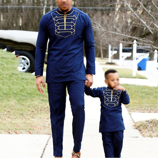 H&D Men Kid Boy African Clothes Long Sleeve T shirt Pants Suit For Male Father Son Dashiki Embroidery Clothing Party Wears 2021