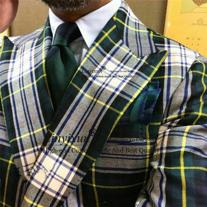 Green Plaid 2 Pieces Set Male Business Wedding Groom Mens Suits  Double Breasted Jacket With Pants Slim Fit Costume Homme