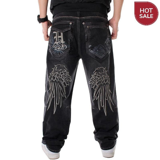 Men Street Dance Hiphop Jeans Fashion Embroidery Black Loose Board Denim Pants Overall Male Rap Hip Hop Jeans Plus Size 30-46