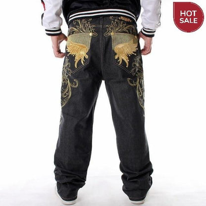 Men Street Dance Hiphop Jeans Fashion Embroidery Black Loose Board Denim Pants Overall Male Rap Hip Hop Jeans Plus Size 30-46