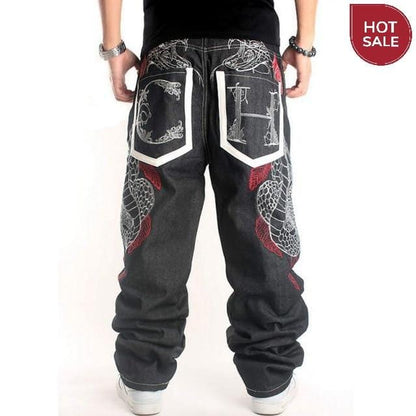 Men Street Dance Hiphop Jeans Fashion Embroidery Black Loose Board Denim Pants Overall Male Rap Hip Hop Jeans Plus Size 30-46