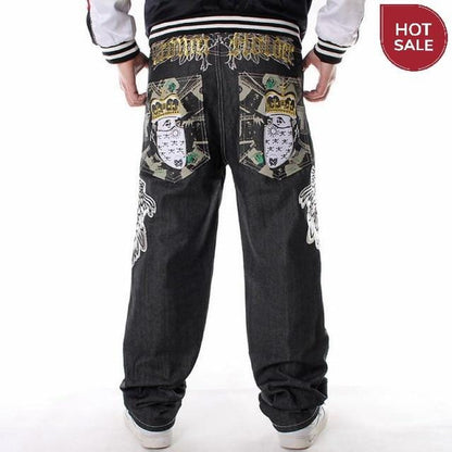 Men Street Dance Hiphop Jeans Fashion Embroidery Black Loose Board Denim Pants Overall Male Rap Hip Hop Jeans Plus Size 30-46