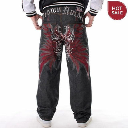 Men Street Dance Hiphop Jeans Fashion Embroidery Black Loose Board Denim Pants Overall Male Rap Hip Hop Jeans Plus Size 30-46