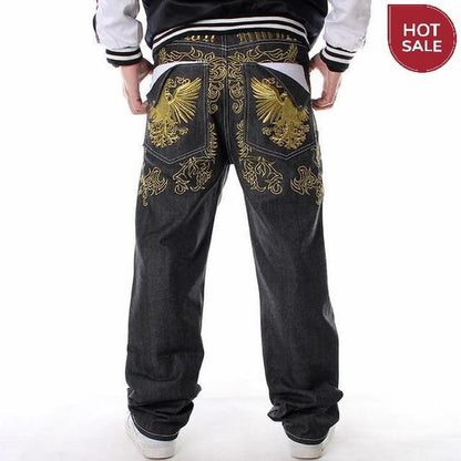 Men Street Dance Hiphop Jeans Fashion Embroidery Black Loose Board Denim Pants Overall Male Rap Hip Hop Jeans Plus Size 30-46