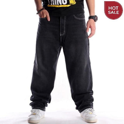 Men Street Dance Hiphop Jeans Fashion Embroidery Black Loose Board Denim Pants Overall Male Rap Hip Hop Jeans Plus Size 30-46