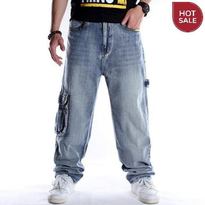 Men Street Dance Hiphop Jeans Fashion Embroidery Black Loose Board Denim Pants Overall Male Rap Hip Hop Jeans Plus Size 30-46
