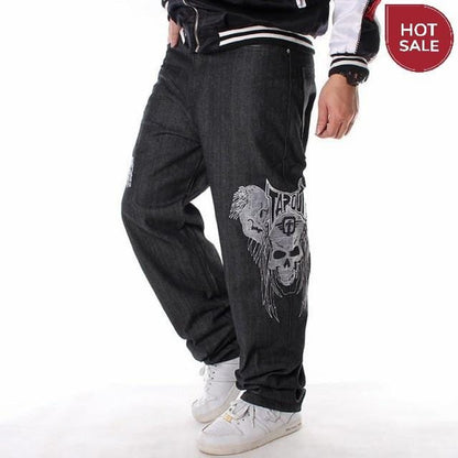 Men Street Dance Hiphop Jeans Fashion Embroidery Black Loose Board Denim Pants Overall Male Rap Hip Hop Jeans Plus Size 30-46