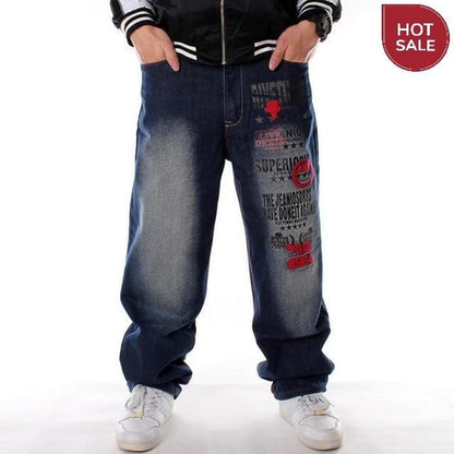 Men Street Dance Hiphop Jeans Fashion Embroidery Black Loose Board Denim Pants Overall Male Rap Hip Hop Jeans Plus Size 30-46