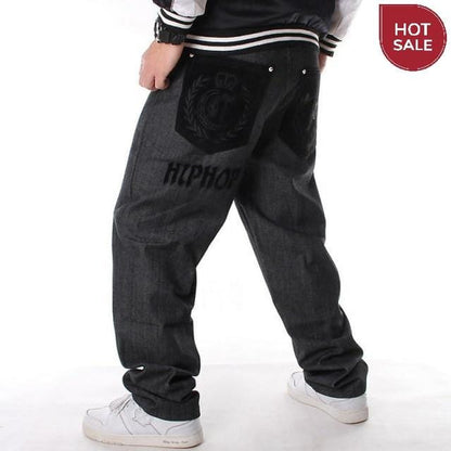 Men Street Dance Hiphop Jeans Fashion Embroidery Black Loose Board Denim Pants Overall Male Rap Hip Hop Jeans Plus Size 30-46