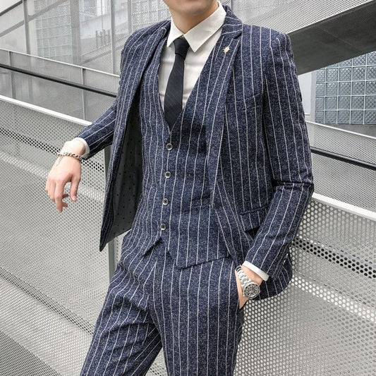 Striped men's suit Fashion Korean Slim Fit 3-Pieces Blazers+Pant Casual men's tuxedo wedding men suits groom suit men's business