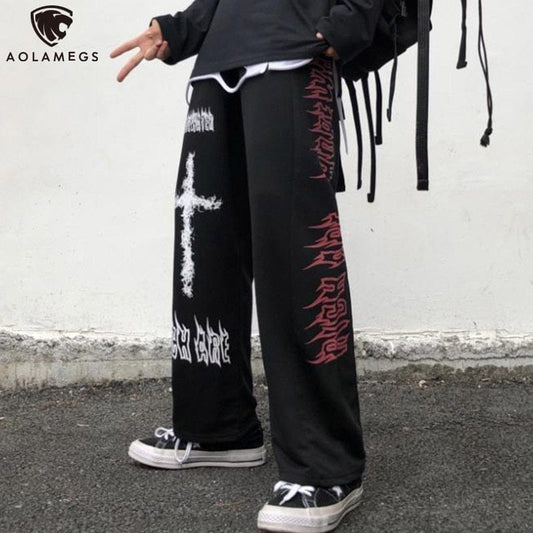 Pantaloni gotici Aolamegs pentru bărbați Pantaloni de trening casual japonezi Graffiti Anime Punk Hippie Pantaloni largi Harajuku High Street Streetwear