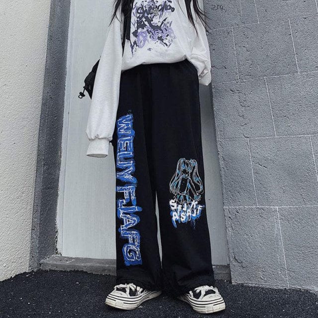 Aolamegs Gothic Pants Men Japanese Casual Sweatpants Graffiti Anime Punk Hippie Wide Leg Trouser Harajuku High Street Streetwear