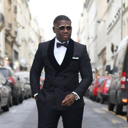 Men Black Double Breasted Wedding Groom Suit With Pants Tuxedo For Men Wedding Suits Prom Best Man Suit (Jacket+Pants+Bow)