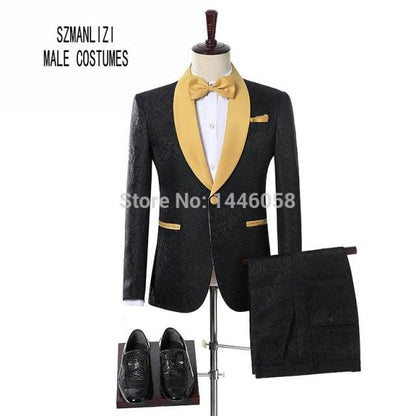 Men Black Double Breasted Wedding Groom Suit With Pants Tuxedo For Men Wedding Suits Prom Best Man Suit (Jacket+Pants+Bow)