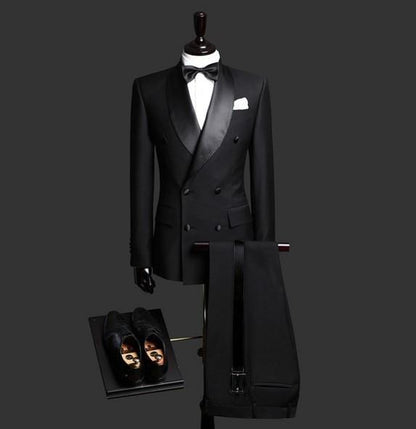 Men Black Double Breasted Wedding Groom Suit With Pants Tuxedo For Men Wedding Suits Prom Best Man Suit (Jacket+Pants+Bow)