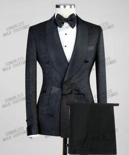 2021 Men Black Double Breasted Wedding Groom Suit With Pants Tuxedo For Men Wedding Suits Prom Best Man Suit (Jacket+Pants+Bow)