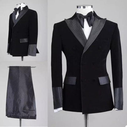 Men Black Double Breasted Wedding Groom Suit With Pants Tuxedo For Men Wedding Suits Prom Best Man Suit (Jacket+Pants+Bow)