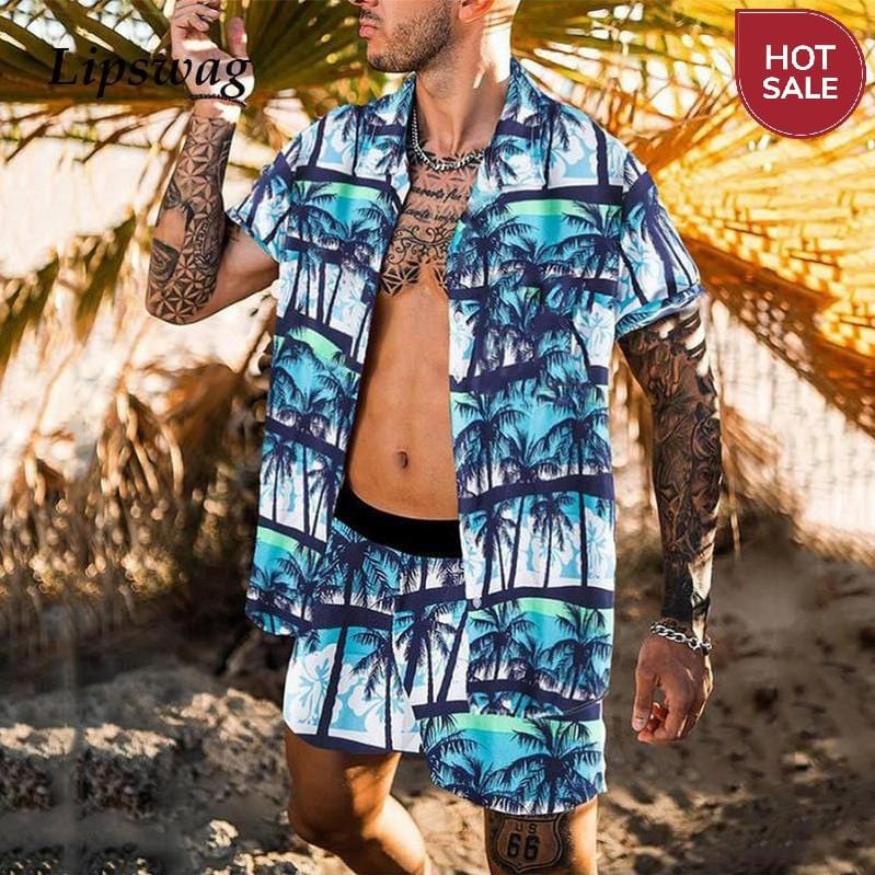 2021 Summer Beach Fashion Leopard Print Two Piece Sets For Men Short Sleeve Shirt And Drawstring Shorts Suits Casual Male Outfit