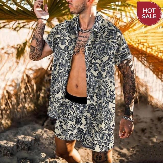 2021 Summer Beach Fashion Leopard Print Two Piece Sets For Men Short Sleeve Shirt And Drawstring Shorts Suits Casual Male Outfit