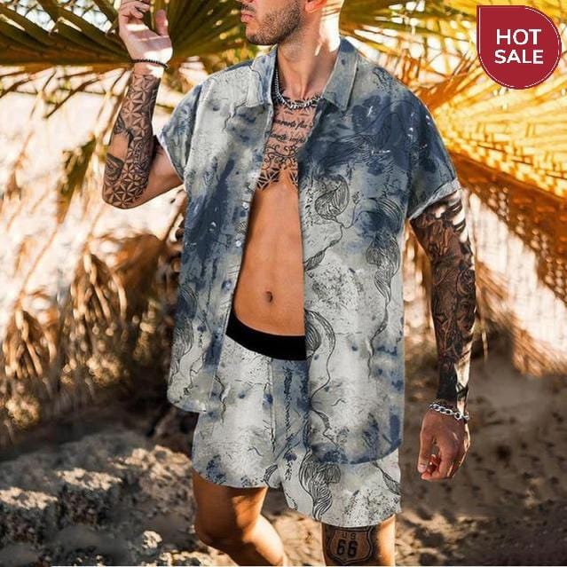 2021 Summer Beach Fashion Leopard Print Two Piece Sets For Men Short Sleeve Shirt And Drawstring Shorts Suits Casual Male Outfit