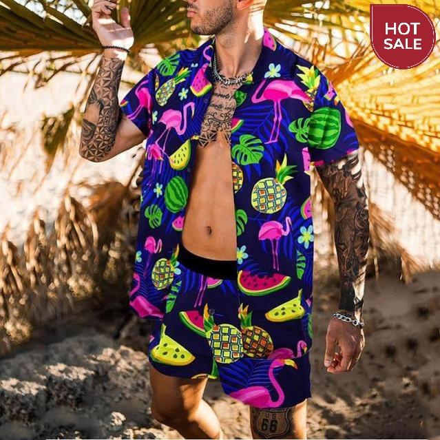 2021 Summer Beach Fashion Leopard Print Two Piece Sets For Men Short Sleeve Shirt And Drawstring Shorts Suits Casual Male Outfit