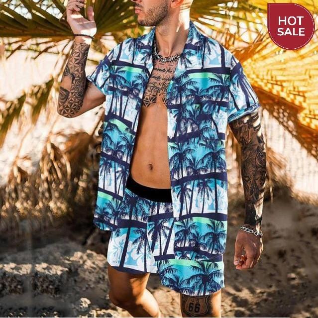 2021 Summer Beach Fashion Leopard Print Two Piece Sets For Men Short Sleeve Shirt And Drawstring Shorts Suits Casual Male Outfit