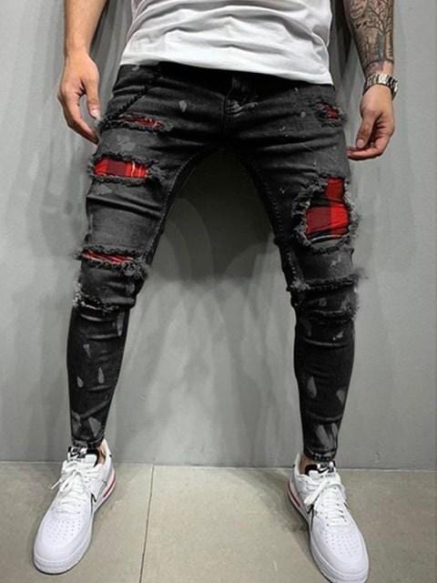 Men Ripped Skinny Zipper Jeans Black Patchwork Biker Pencil Pants Locomotive Denim Pants Streets Hip Hop Draped Jeans Male