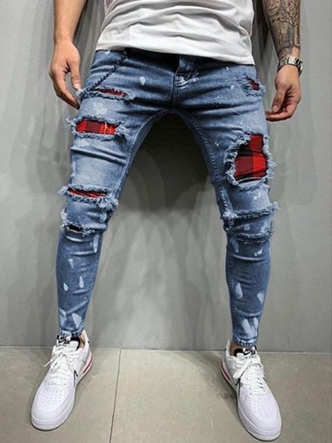 Men Ripped Skinny Zipper Jeans Black Patchwork Biker Pencil Pants Locomotive Denim Pants Streets Hip Hop Draped Jeans Male